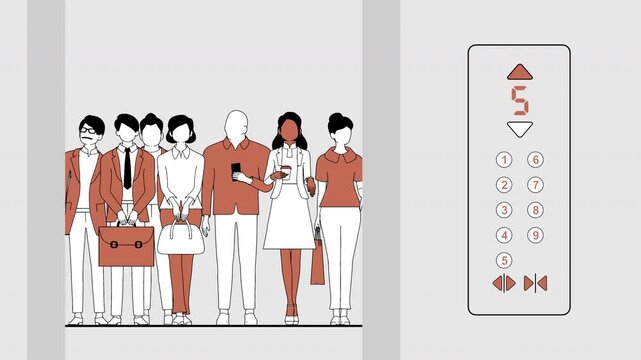 Group of Passengers Riding in a Busy Elevator with LED Floor Indicator &mdash; Contemporary Office Lift Interior, Public Transport Motion, Business People Commuting in High-Rise Building.