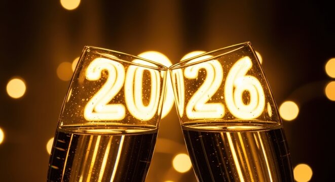 Cheers to the New Year! Champagne Toast with a Glowing 2026 Celebration