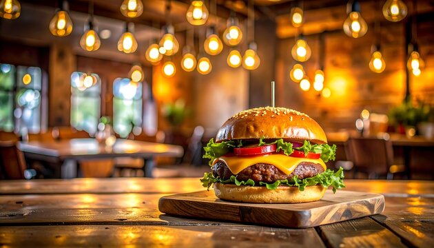 Delicious burger with lettuce, cheese, and tomatoes sits on a wooden board in front of a warmly lit cafe