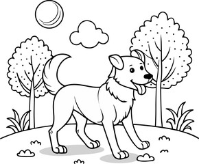 Dog walking in park with ball, pet activity coloring book page, vector outline silhouette  vector black , white background 