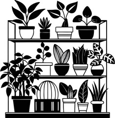 House plants and shelves, botanical home coloring book illustration silhouette  vector black , white background 