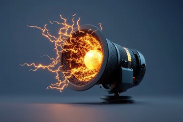 This imaginative image showcases a camera lens emitting electric sparks and energy, blending technology with artistic expression to evoke concepts of creativity and innovation.