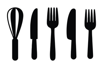 Sleek black silhouettes of kitchen utensils a whisk, two knives, and two forks create a modern, clean graphic for culinary design projects