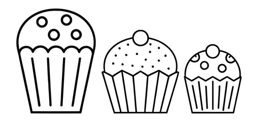 Three charming black and white cupcakes with simple frosting designs, perfect for baking themes and sweet treat illustrations
