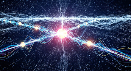 Abstract digital art representing artificial intelligence — swirling lights forming neural connections, data particles floating in 3D space, colorful energy waves