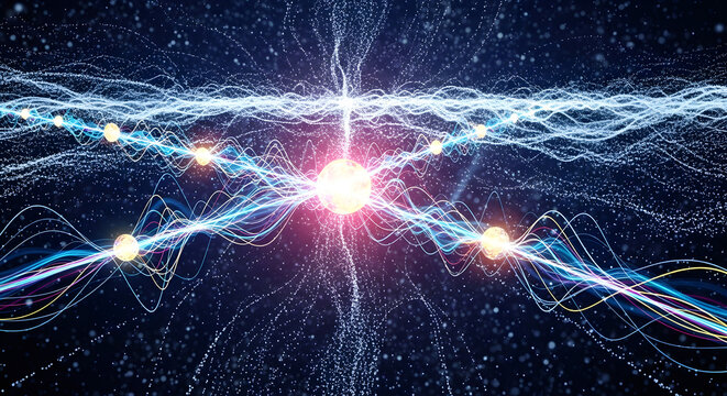 Abstract digital art representing artificial intelligence — swirling lights forming neural connections, data particles floating in 3D space, colorful energy waves