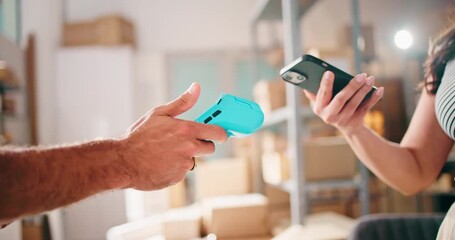 People, hands and pos machine with phone in logistics for package, boxes or payment in store. Closeup, customer and supplier with mobile smartphone or NFC for wireless transaction, RFID or purchase - Powered by Adobe