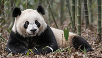 Naklejka premium Giant Panda Bear Resting on the Forest Floor in a Bamboo Grove.