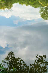 ฺBeautiful Reflected cloudy sky background with white cloud. the water surface river is waves the sea surface natural background.