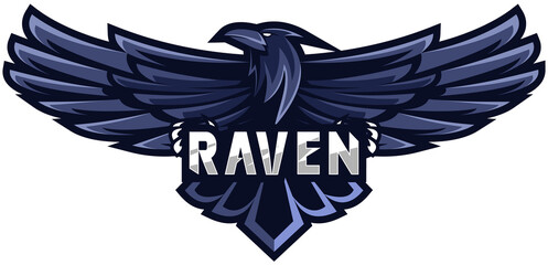 Raven logo design, stylized bird illustration, dark blue mascot, sports emblem, digital art