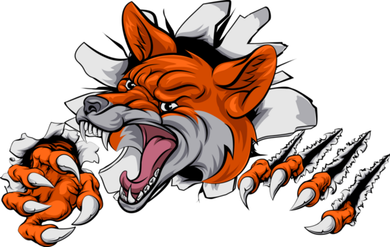 Fierce orange fox bursting through wall, claws extended, aggressive expression, cartoon mascot - Powered by Adobe