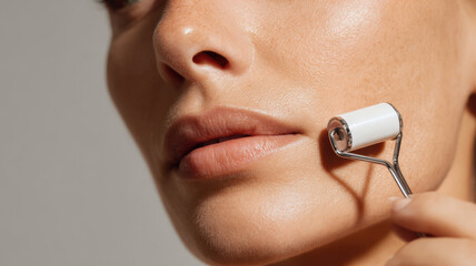 Close up shot of a person using a skincare roller on cheek
