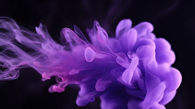 Vibrant purple and pink ink gracefully swirls and diffuses through clear water against a deep, dark background. The fluid motion creates mesmerizing, ethereal cloud-like formations that expand and twi