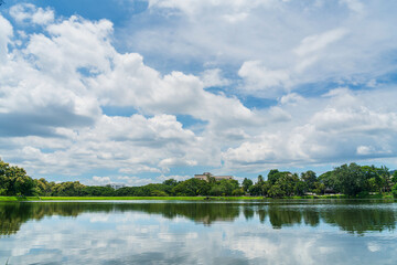 a public place leisure travel landscape lake views at Ang Kaew Chiang Mai University and Doi Suthep nature forest Mountain views spring cloudy sky background with white cloud.