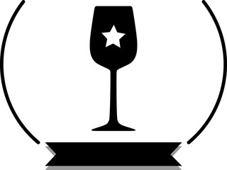 Wine glass icon with star symbol and ribbon design, black and white vector illustration