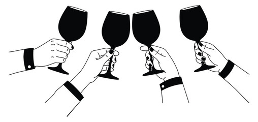 Celebratory hands raise wine glasses in a stylish toast, symbolizing success, joy, and shared moments of achievement and connection.