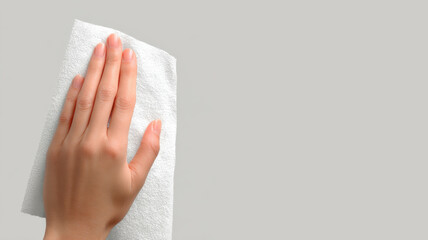 Hand holding a tissue cleaning a wall. A close-up shot focusing on the hand wiping
