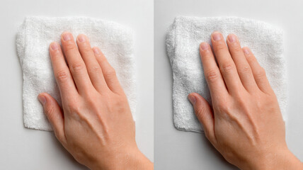 A pair of hands gently cleaning a surface with a soft, clean cloth. The hands are demonstrating careful cleaning habits