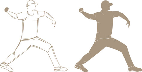 Baseball player pitching action sketch illustration, athletic pose, sports vector graphic