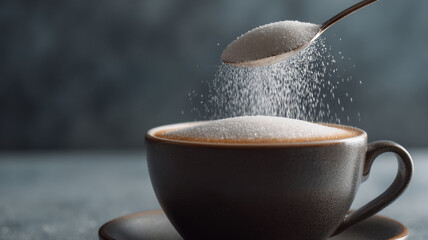 A spoon pouring sugar into a coffee cup, preparing a sweet treat