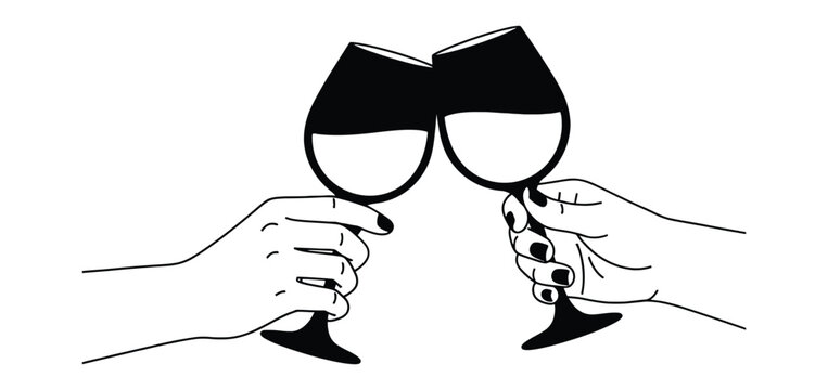 Two hands clinking wine glasses in a celebratory toast, symbolizing friendship, success, and shared moments of joy.