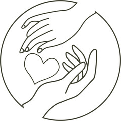 Caring hands cradling heart within protective circle, symbol of love, support, compassion, charity