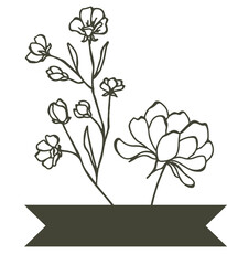 Botanical illustration featuring wildflowers and ribbon banner