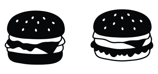 Two simple, modern black silhouette cheeseburgers with sesame seeds on buns stacked high with melted cheese and juicy patties