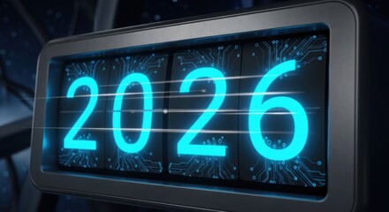 An illuminated digital counter displaying the upcoming year 2026, set against a dark, high-tech background, symbolizing progress and time