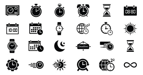 Time silhouette icon set. Vector pictograms of clocks, timers, schedules, deadlines, stopwatches, and time tracking bold solid illustration.