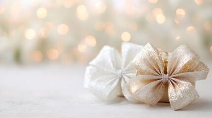 glittery bows in white and champagne hues, subtle bokeh effect for dreamy holiday feel, with copy space
