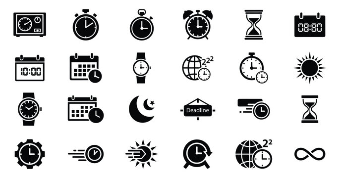 Time silhouette icon set. Vector pictograms of clocks, timers, schedules, deadlines, stopwatches, and time tracking bold solid illustration.