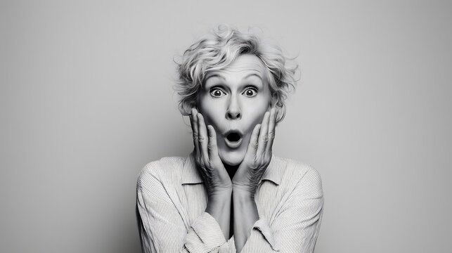 Older woman with hands on her cheeks expressing astonishment against a plain background.