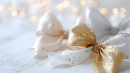 glittery bows in white and champagne hues, subtle bokeh effect for dreamy holiday feel, with copy space