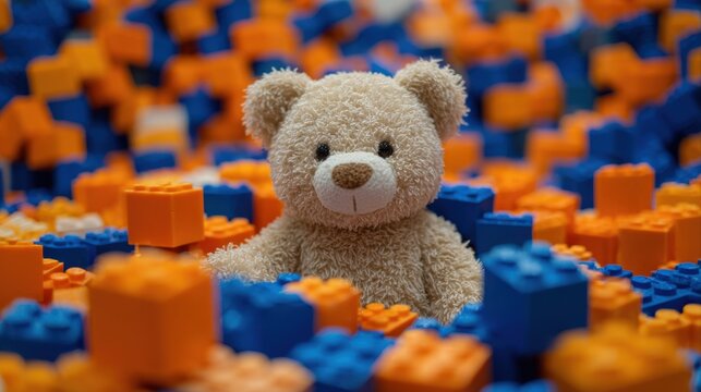 plush teddy bear sits among plastic blocks