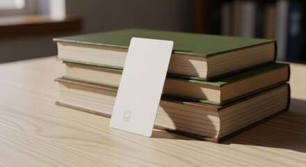 Stack of books with a blank card on a table.