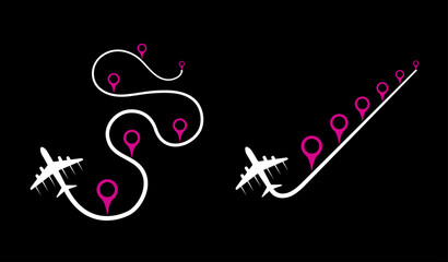 Airplane location pin markers, line with curve, straight line vector on black background. Simple and complex difficult business process solution. Gps map markers illustration isolated on white. 
