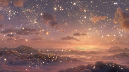 Naklejka premium Dreamlike Sunset Cloudscape with Glittering Particles and Horizon Sunlight