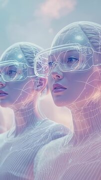 Vertical video: Camera framing fembot right in pastel, second emerging left pairing, visors pulsing