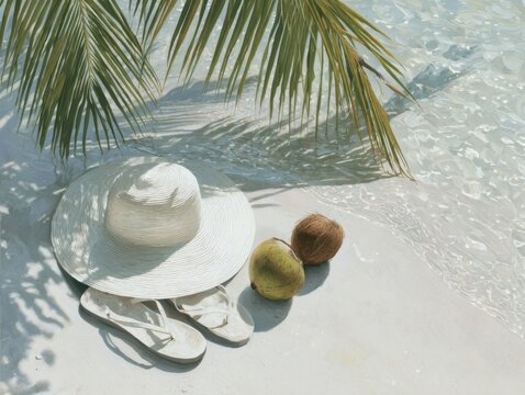 A straw hat, coconut, and flip-flops on white sand under palm tree shadows