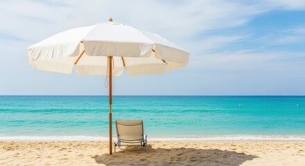 Beach Parasol: A sunlit scene unfolds at the beach, featuring a pristine white parasol providing shade over a relaxing lounge chair, inviting a moment of serenity by the calming turquoise sea.