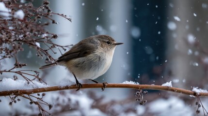 A small bird perched on a branch in the snow
