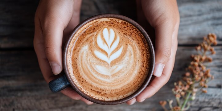Close-up of female hands gently holding a ceramic cup of cappuccino with heart-shaped latte art, resting on a rustic wooden table. The cozy sweater sleeves suggest warmth and comfort, creating 
