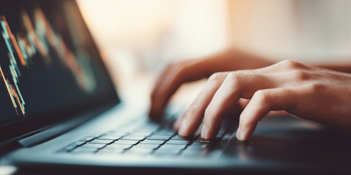Close-up of hands typing on a laptop keyboard with financial charts displayed on the screen. Warm ambient light creates a focused and professional atmosphere, suggesting work in finance, trading