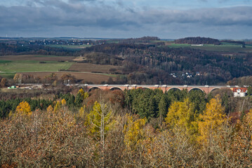 Elstertalbrucke railway bridge from Mosenturm lookout tower above Talsperre Pohl dam in Germany