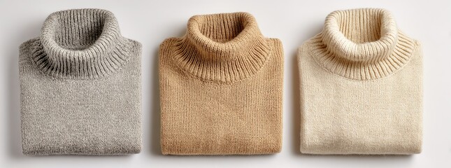 Three folded sweaters, light gray, tan, and cream colored