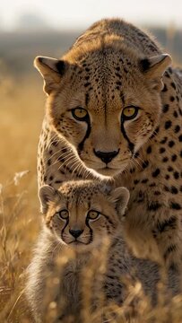 Vertical video: Lowering head and shifting forward, adult cheetah guarding cub on savanna dry grass