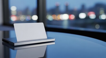 Elegant Business Card Mockup on a Reflective Table with City View.
