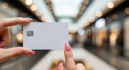 Womans Hand Holding Credit Card in Shopping Mall.