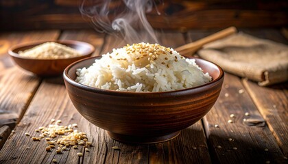 Steaming bowl of white rice garnished with sesame seeds